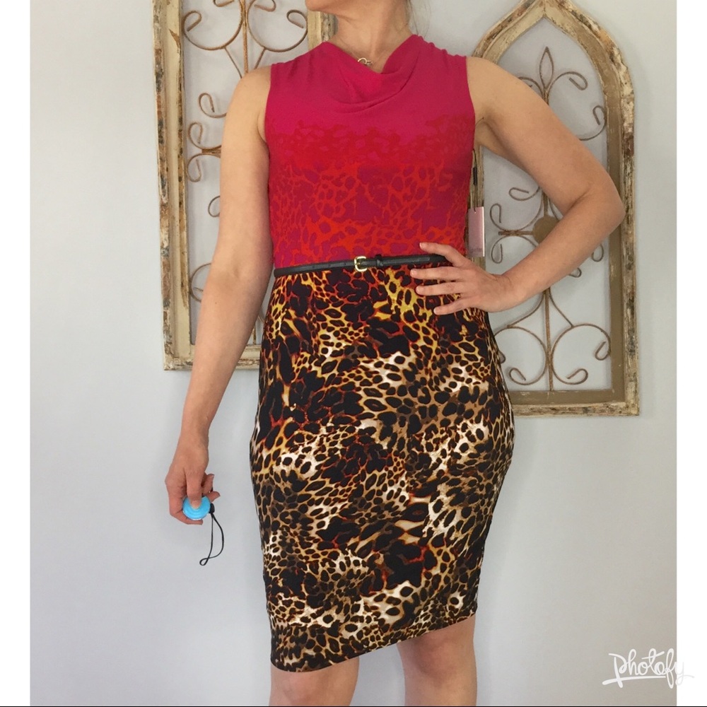 Calvin Klein hot pink leopard drape neck dress - Picture 1 of 8